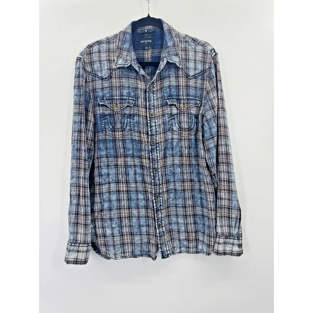 True Religion Plaid Acid Washed Flannel Western Snap Button Shirt Medium Slim